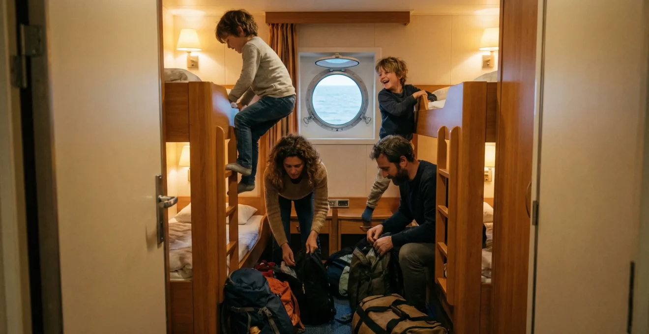 Famille s'installant dans une cabine de ferry avec enfants sur les couchettes
