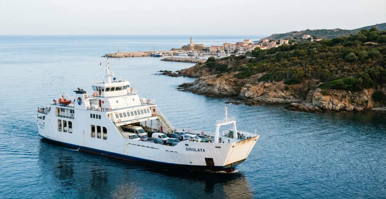Ferry avec véhicules sur le pont approchant un port corse